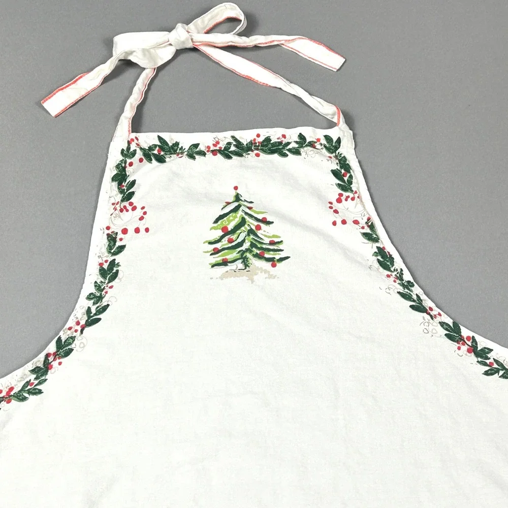 Sur La Table Christmas Apron White Cotton Tree Holly Print 29x36 Holiday Festive